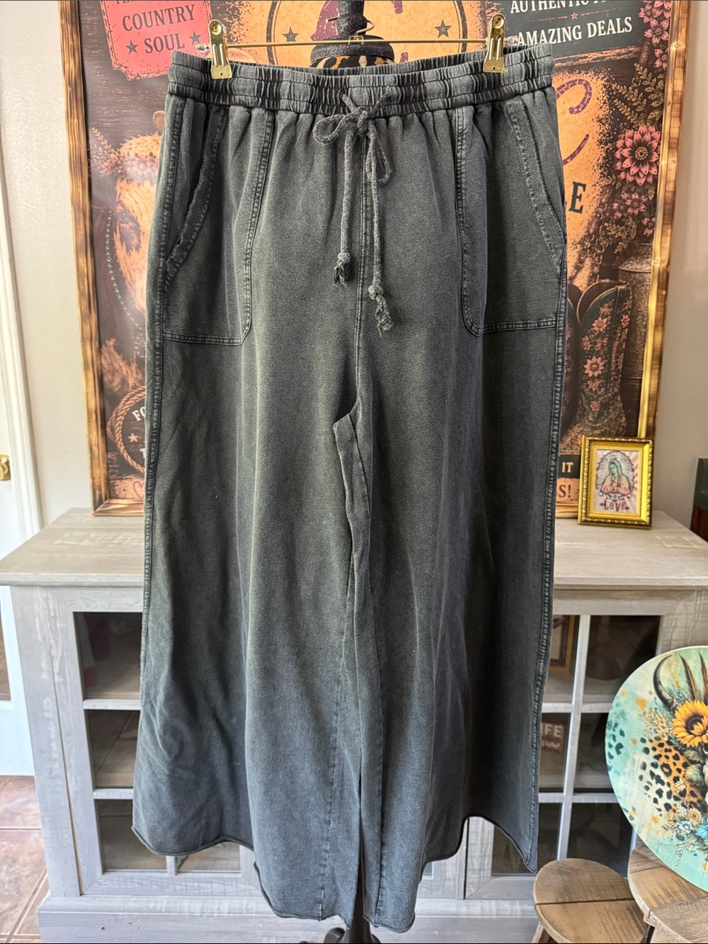 NWT EASEL Size 2XL Women's Charcoal Mineral Wash Wide Leg Pants Boho Casual
